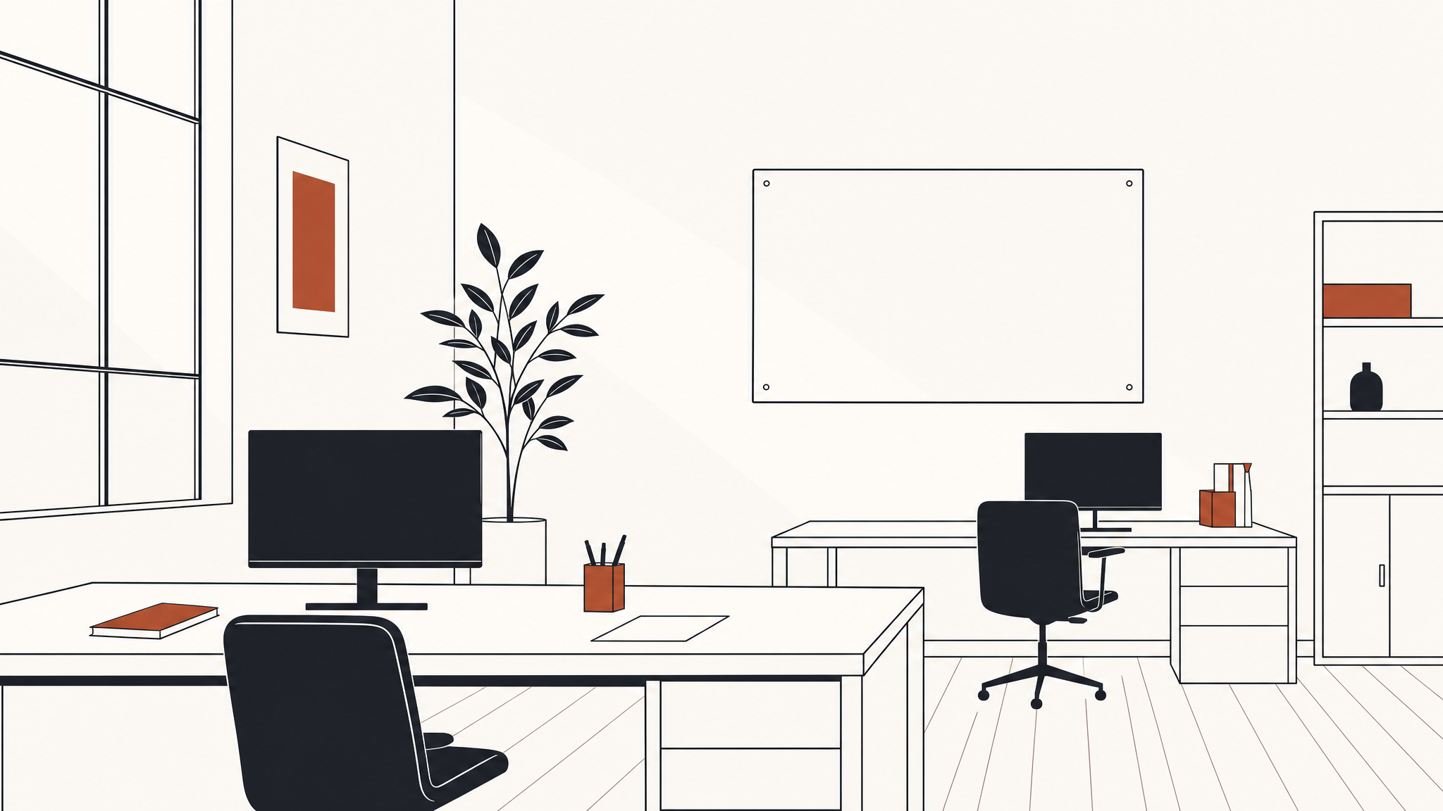 An empty two-monitor desk in a quiet office: a closed laptop, a keyboard pushed back, and a whiteboard of architecture notes on the wall behind it, with nobody in the frame